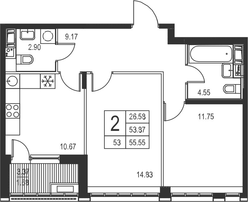2-комнатная, 56 м² — ЖК ЖК Golden City (Голден сити)