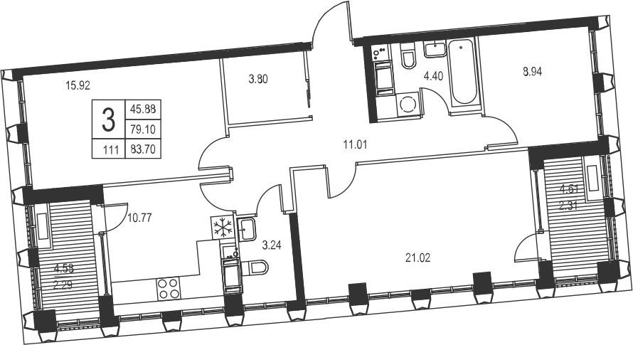 3-комнатная, 84 м² — ЖК ЖК Golden City (Голден сити)