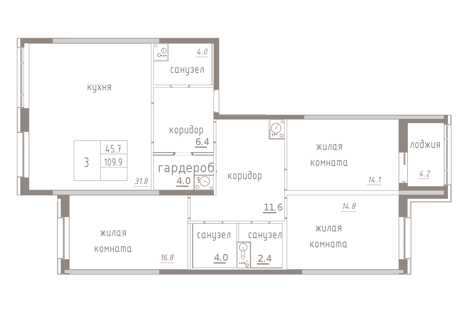 3-комнатная, 112 м² — ЖК ЖК Лайф Лесная