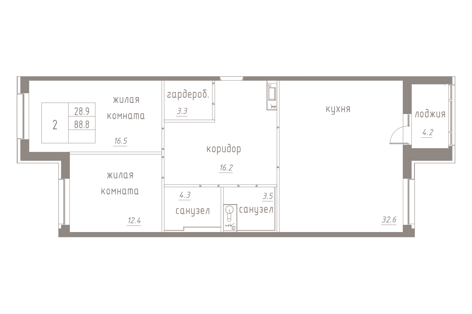 2-комнатная, 91 м² — ЖК ЖК Лайф Лесная