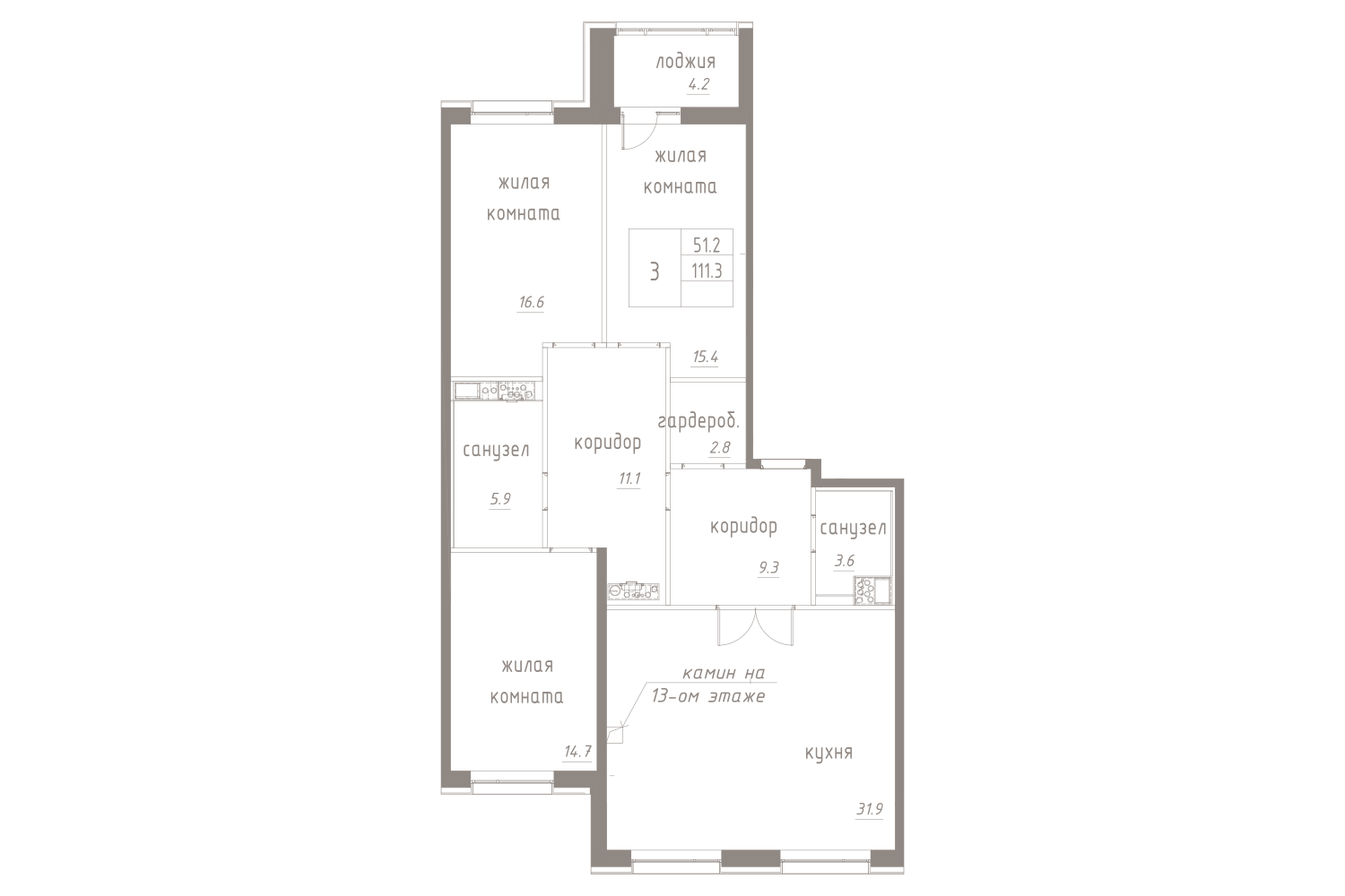 3-комнатная, 113 м² — ЖК ЖК Лайф Лесная