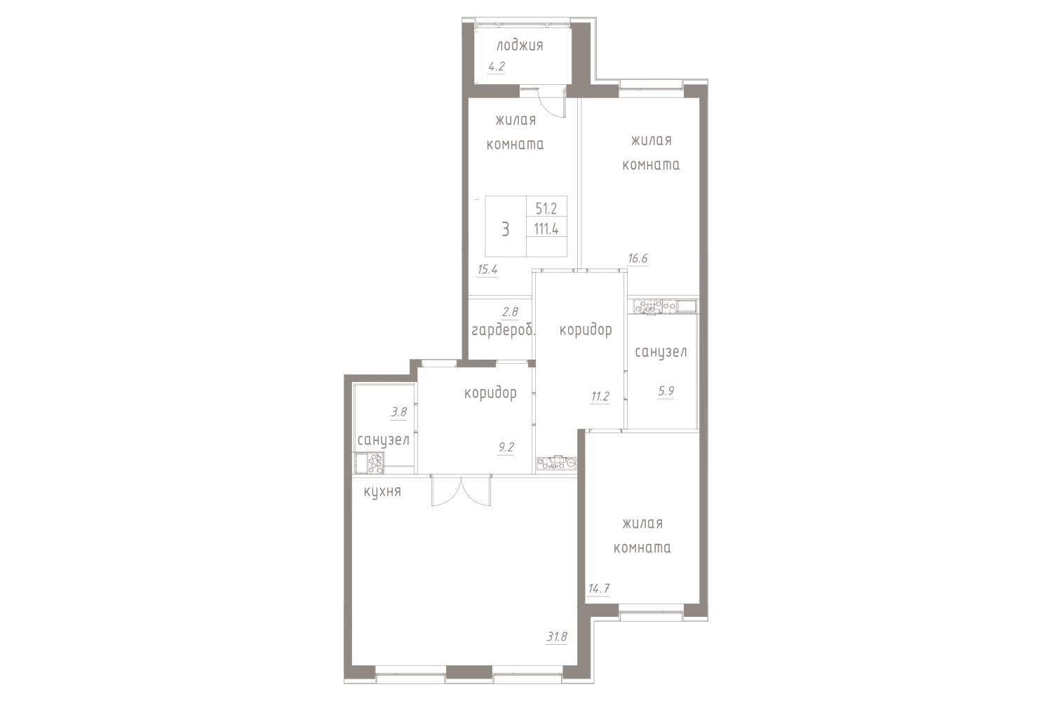 3-комнатная, 114 м² — ЖК ЖК Лайф Лесная