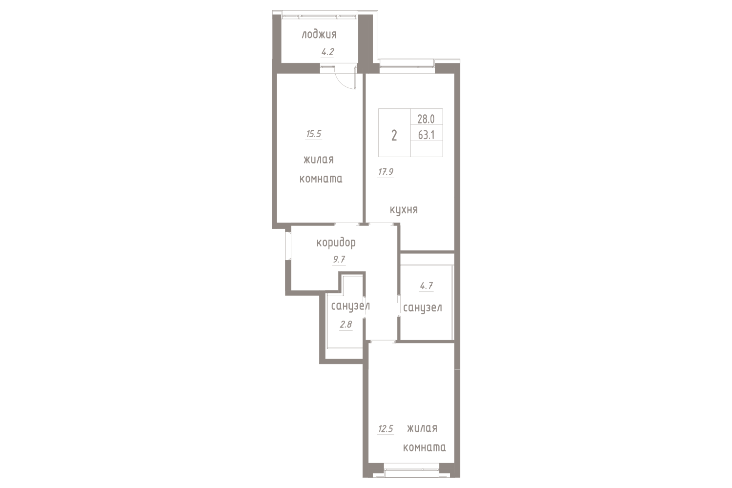 2-комнатная, 65 м² — ЖК ЖК Лайф Лесная