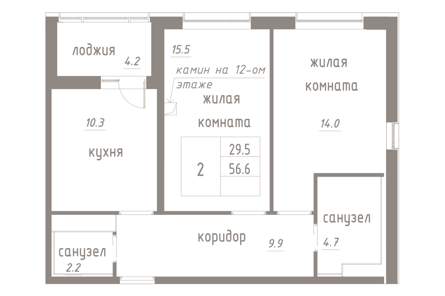 2-комнатная, 59 м² — ЖК ЖК Лайф Лесная