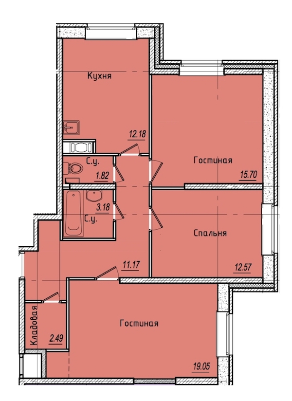 3-комнатная, 78 м² — ЖК ЖК Живи в Рыбацком
