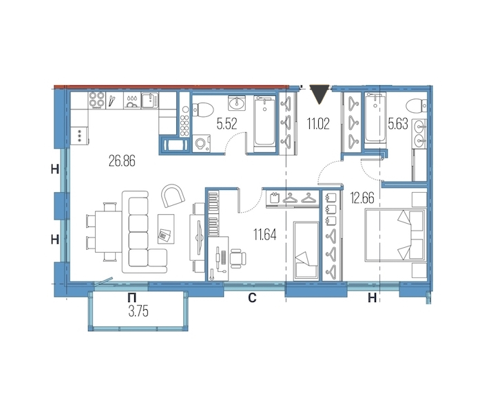 2-комнатная, 73 м² — ЖК ЖК Legenda Героев