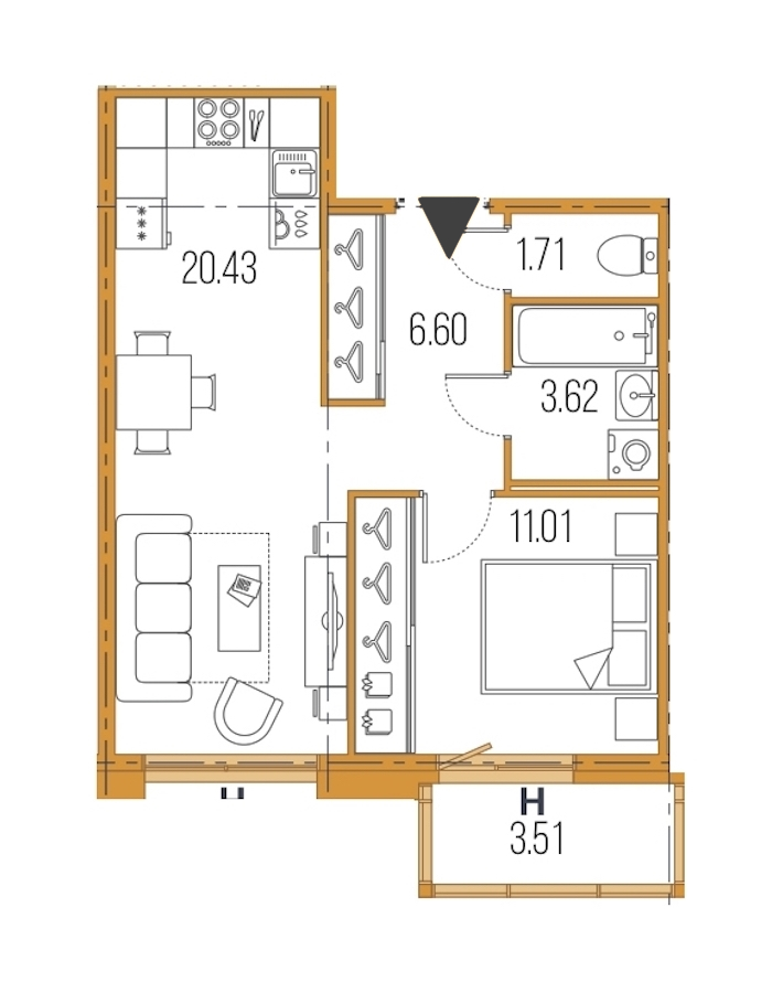 1-комнатная, 43 м² — ЖК ЖК Legenda Героев
