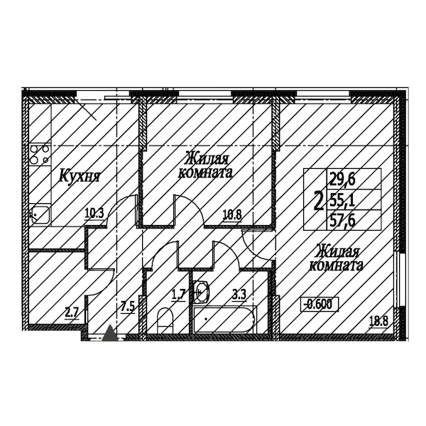 2-комнатная, 58 м² — ЖК ЖК Энфилд