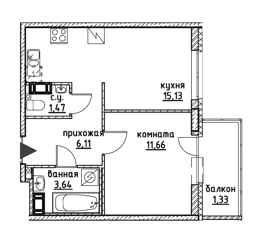 1-комнатная, 39 м² — ЖК ЖК Айди Кудрово (ID Kudrovo)