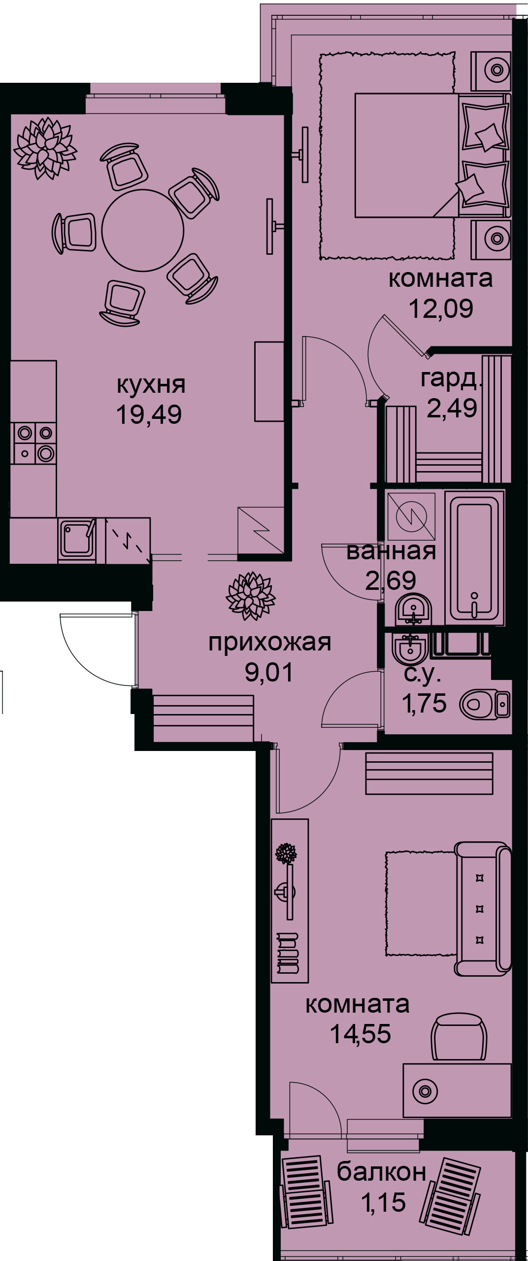 2-комнатная, 63 м² — ЖК ЖК Айди Кудрово (ID Kudrovo)
