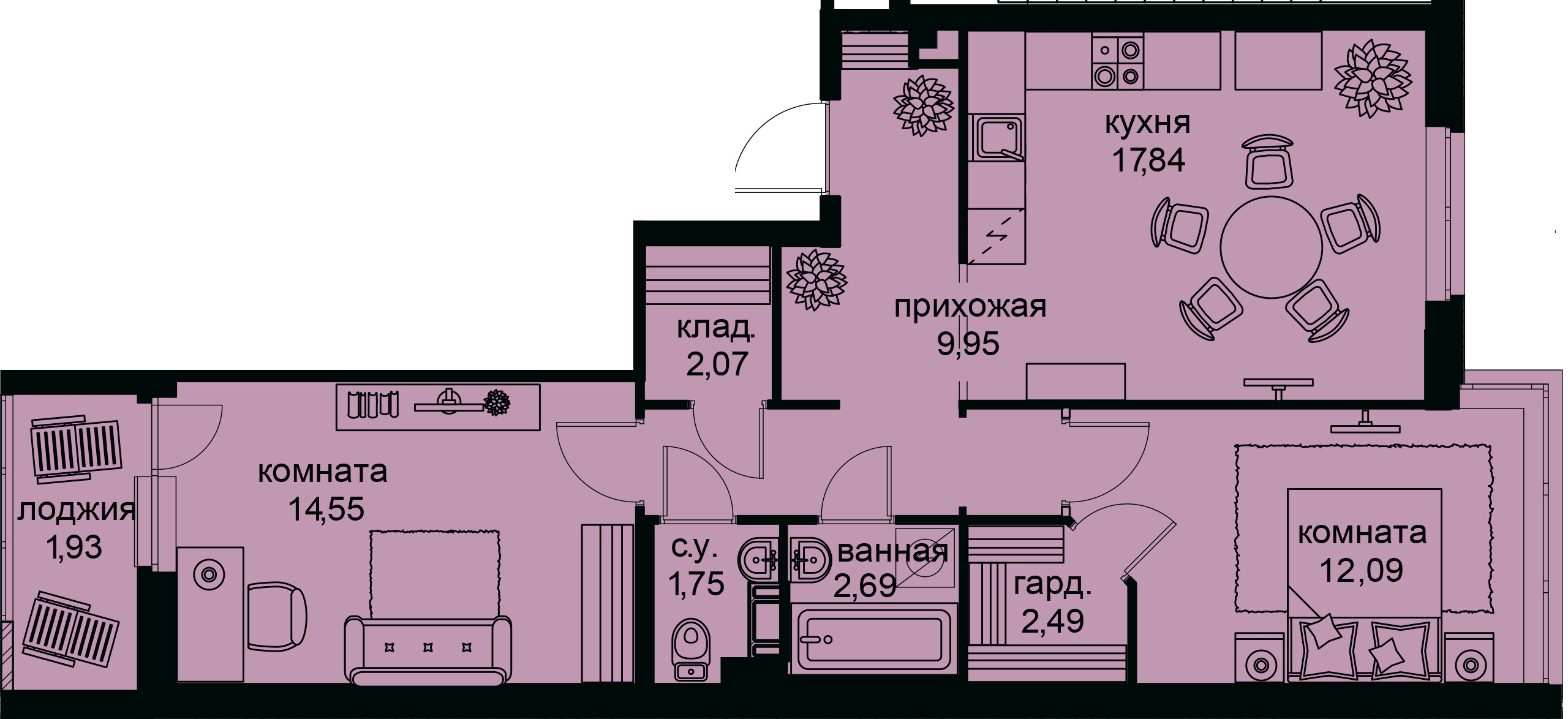 2-комнатная, 65 м² — ЖК ЖК Айди Кудрово (ID Kudrovo)