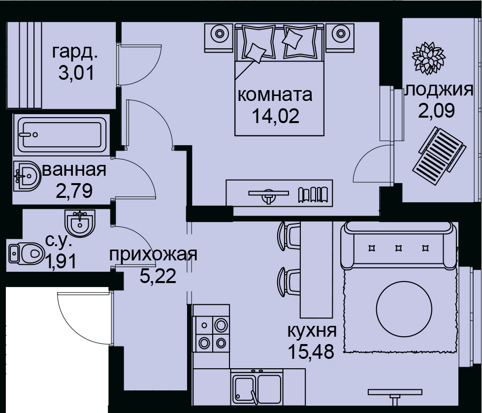 1-комнатная, 45 м² — ЖК ЖК Айди Кудрово (ID Kudrovo)