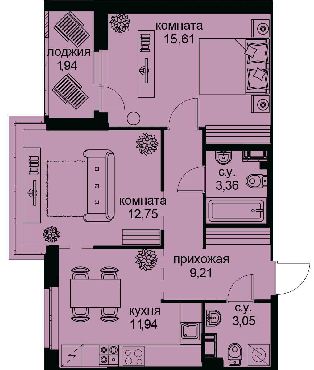 2-комнатная, 58 м² — ЖК ЖК Айди Кудрово (ID Kudrovo)