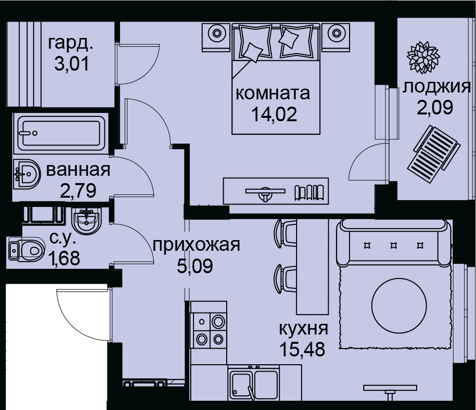 1-комнатная, 44 м² — ЖК ЖК Айди Кудрово (ID Kudrovo)