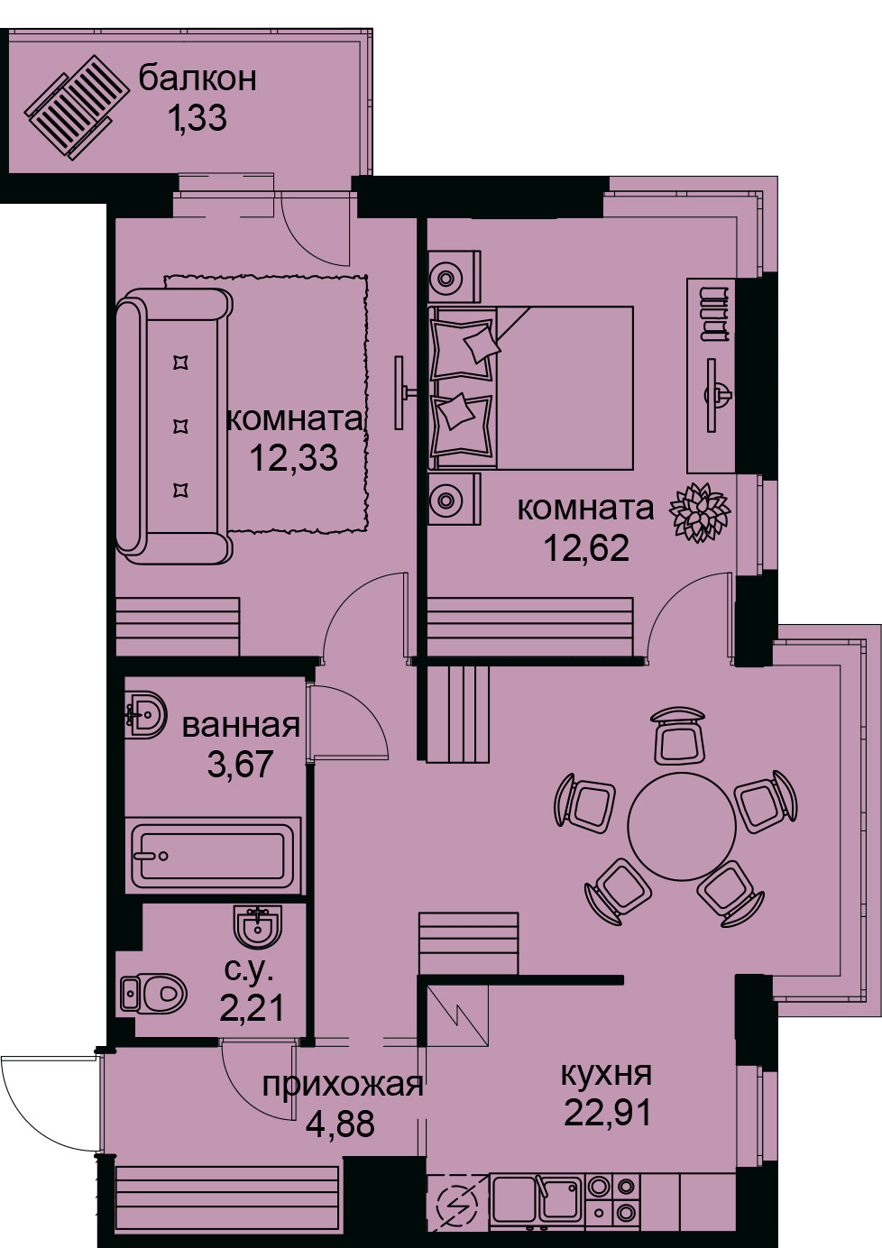 2-комнатная, 60 м² — ЖК ЖК Айди Кудрово (ID Kudrovo)