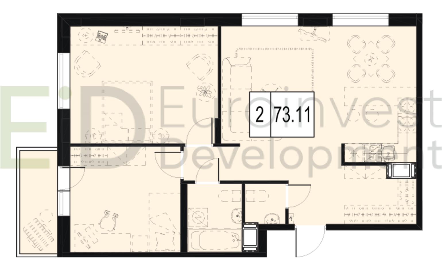 2-комнатная, 73 м² — ЖК ЖК ID Мурино (Айди Мурино)