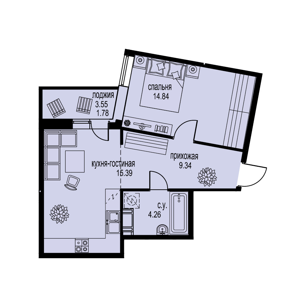 1-комнатная, 46 м² — ЖК ЖК ID Мурино (Айди Мурино)