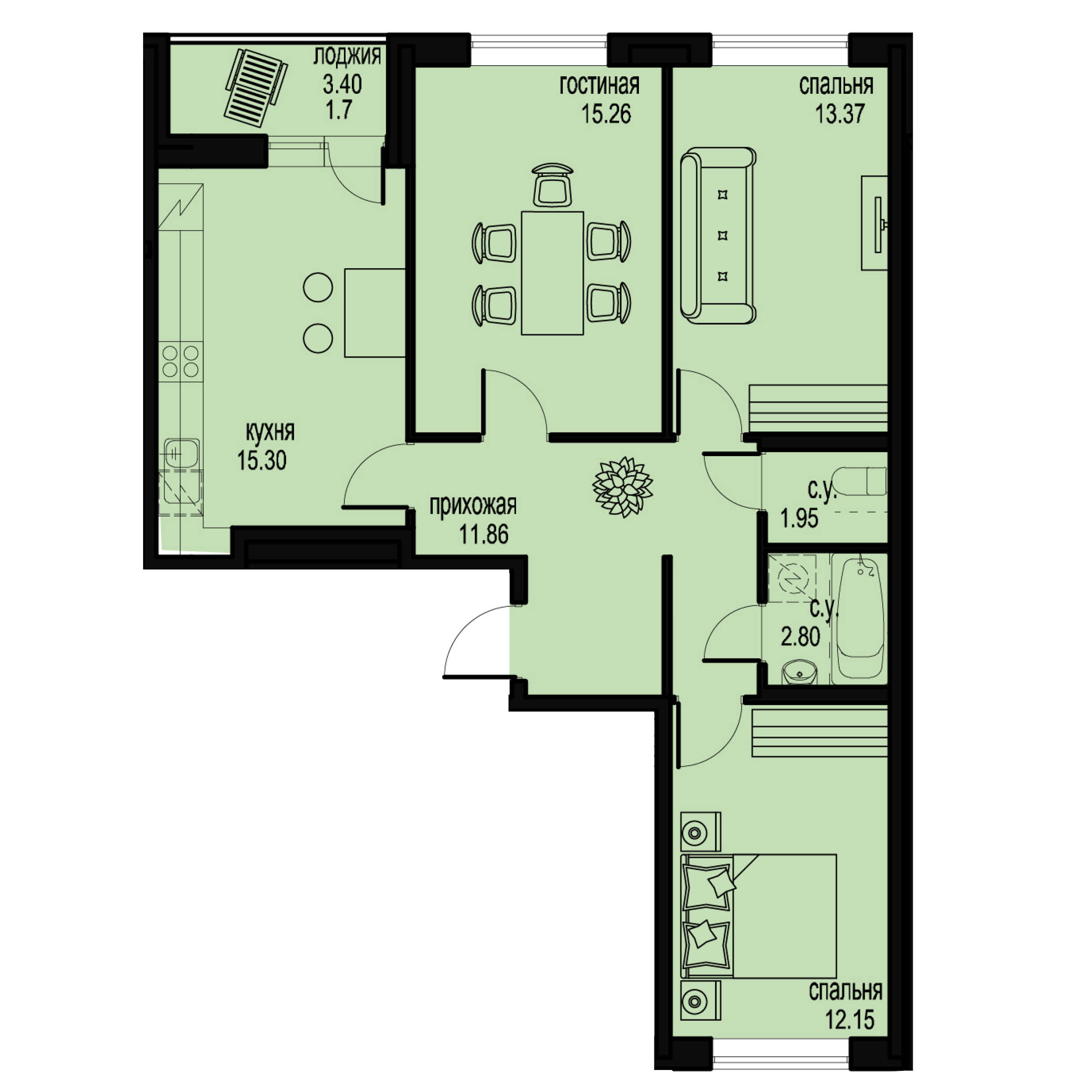 3-комнатная, 74 м² — ЖК ЖК ID Мурино (Айди Мурино)