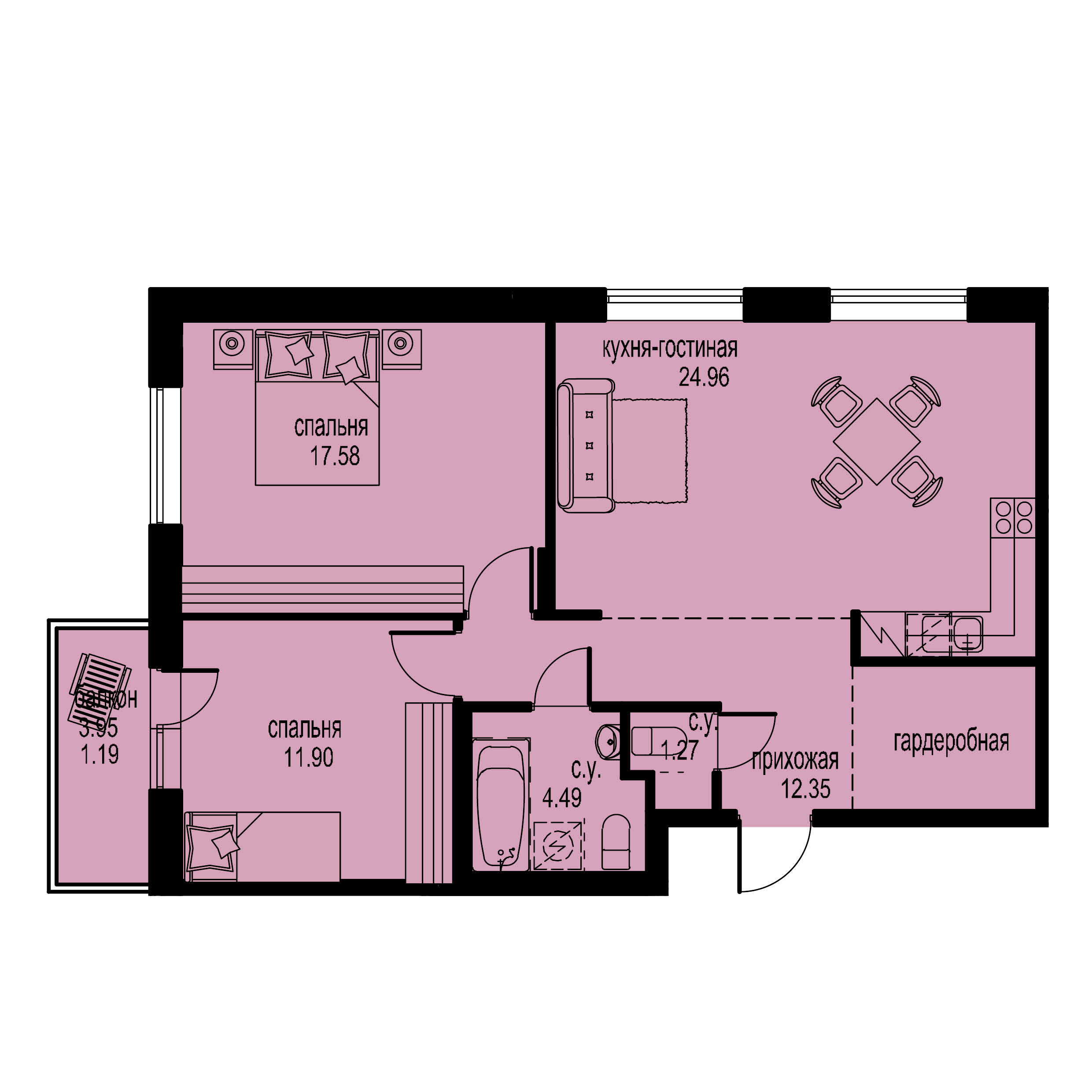 2-комнатная, 74 м² — ЖК ЖК ID Мурино (Айди Мурино)