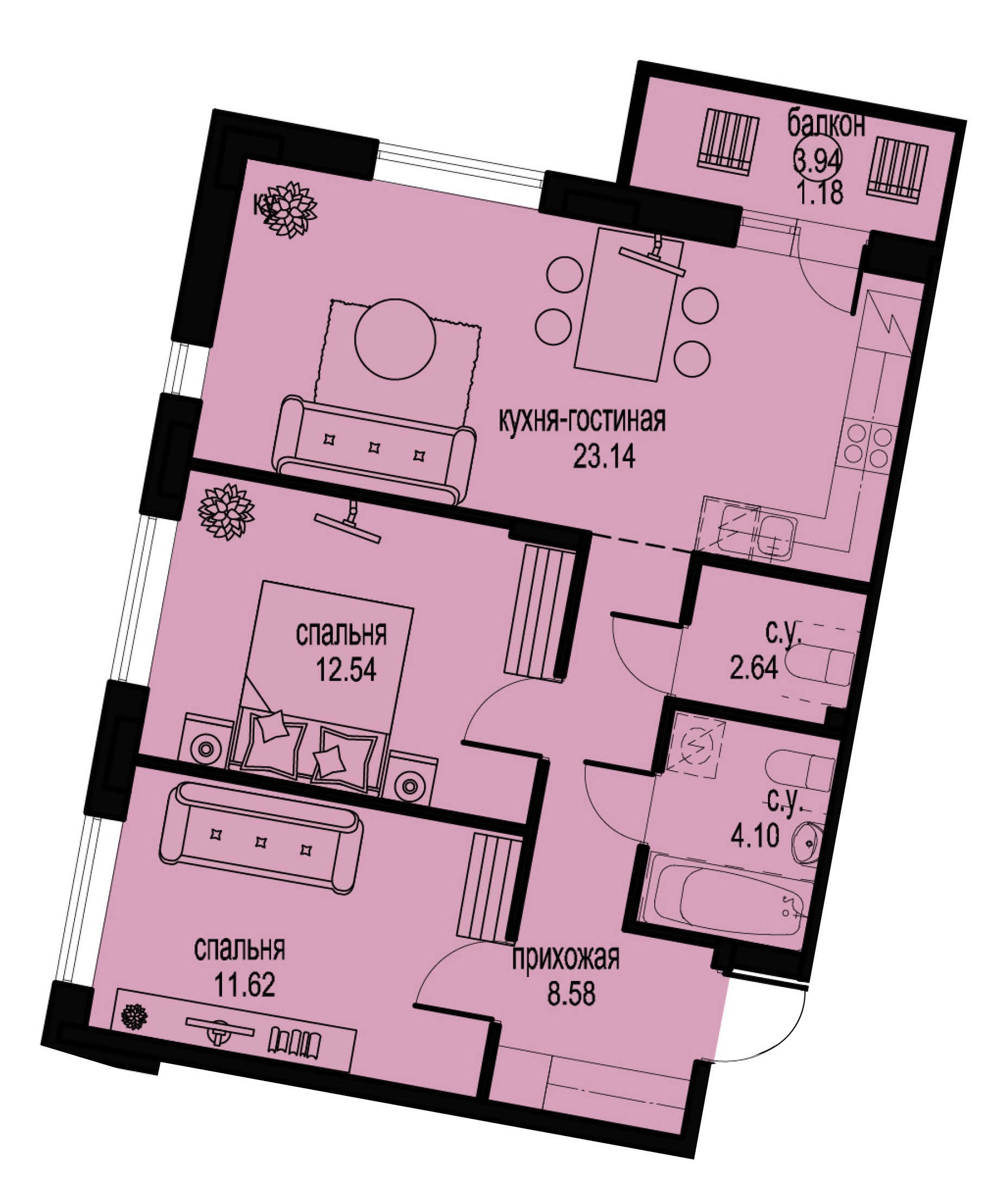 2-комнатная, 64 м² — ЖК ЖК ID Мурино (Айди Мурино)
