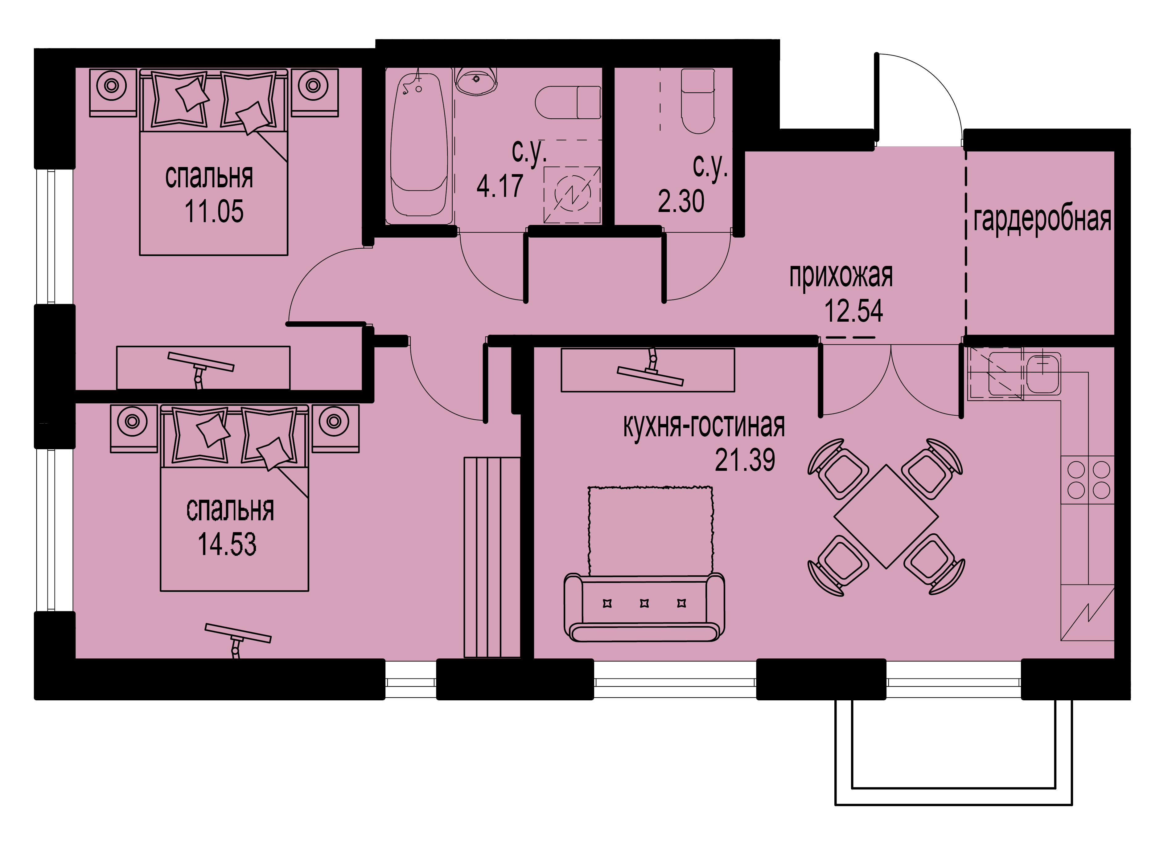 2-комнатная, 66 м² — ЖК ЖК ID Мурино (Айди Мурино)