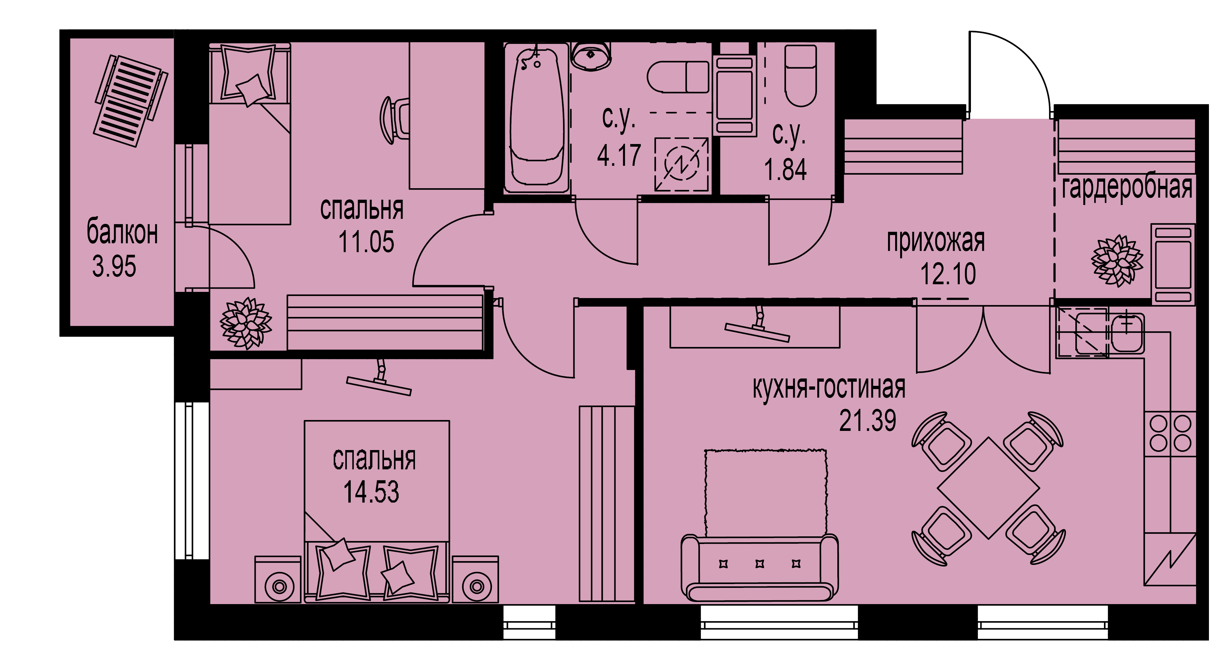 2-комнатная, 66 м² — ЖК ЖК ID Мурино (Айди Мурино)