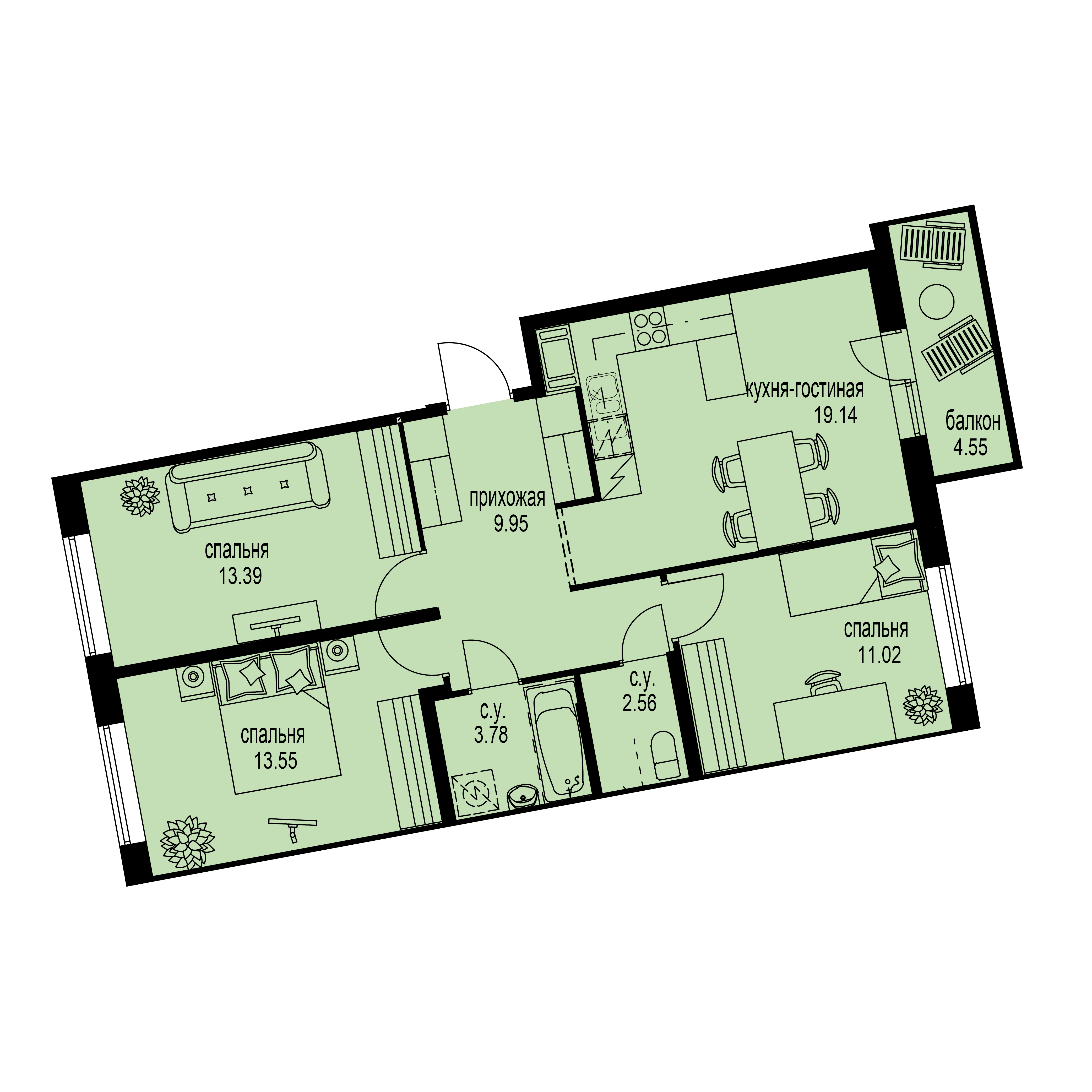 3-комнатная, 75 м² — ЖК ЖК ID Мурино (Айди Мурино)