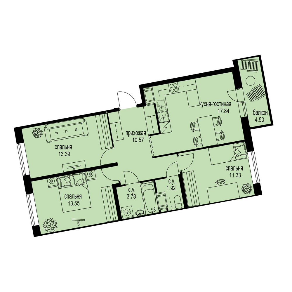 3-комнатная, 74 м² — ЖК ЖК ID Мурино (Айди Мурино)