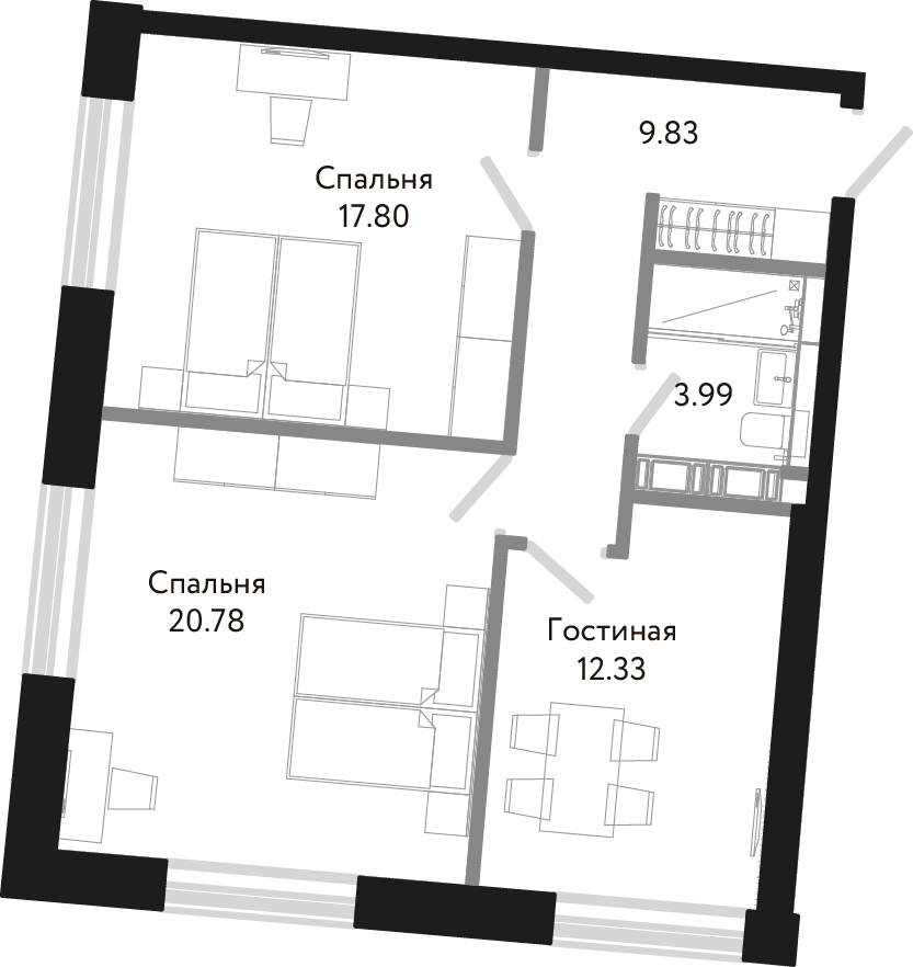 2-комнатная, 65 м² — ЖК Апарт-отель Next (Некст)