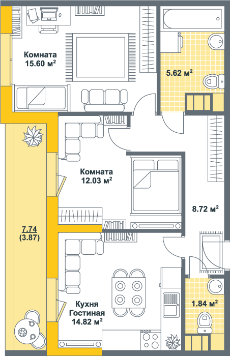 2-комнатная, 63 м² — ЖК ЖК Тихая гавань (Светлый мир)