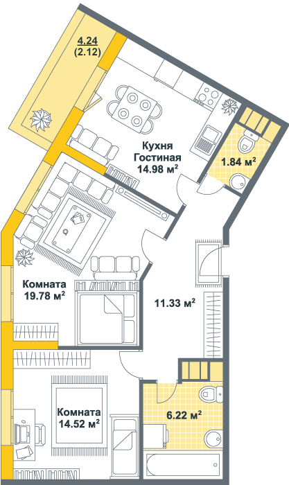 2-комнатная, 71 м² — ЖК ЖК Тихая гавань (Светлый мир)