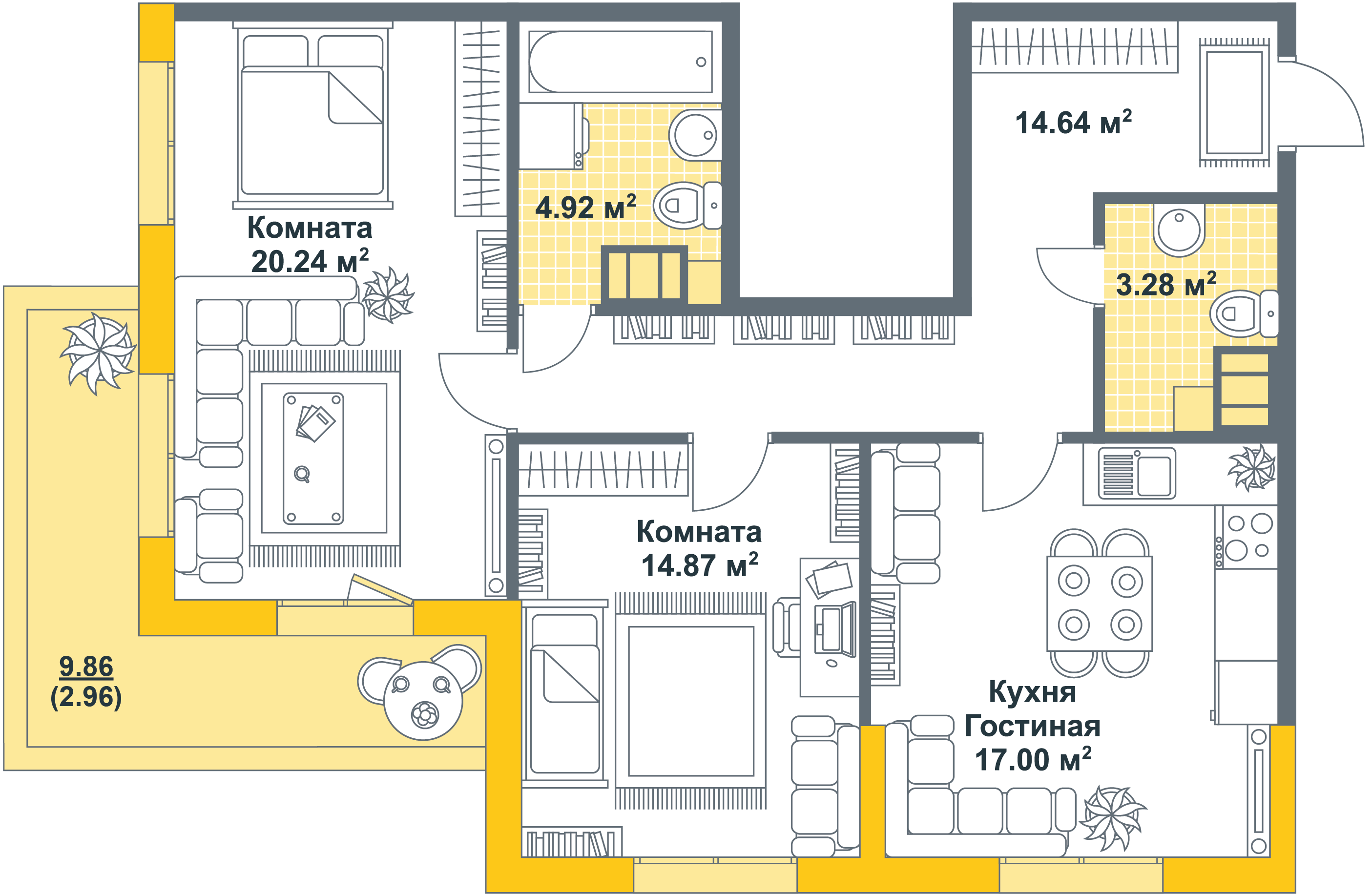 2-комнатная, 78 м² — ЖК ЖК Тихая гавань (Светлый мир)