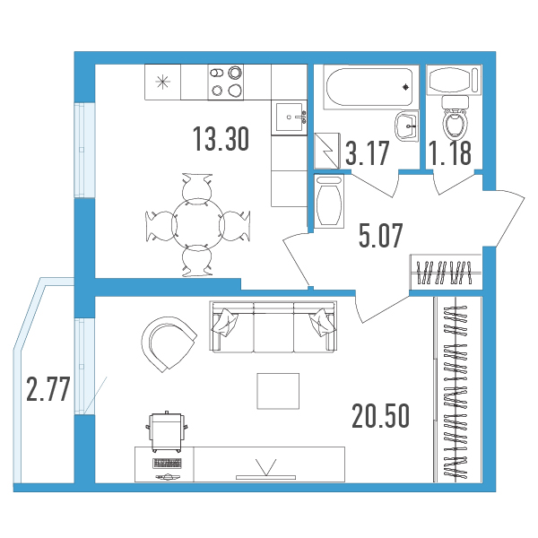 1-комнатная, 44 м² — ЖК ЖК Yoga (Йога)