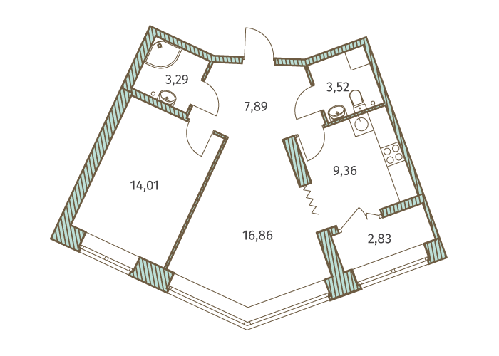 2-комнатная, 56 м² — ЖК ЖК Новое Купчино