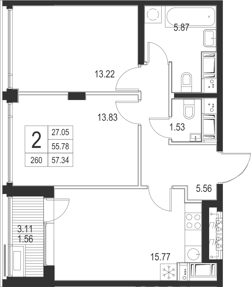 2-комнатная, 57 м² — ЖК ЖК Golden City (Голден сити)