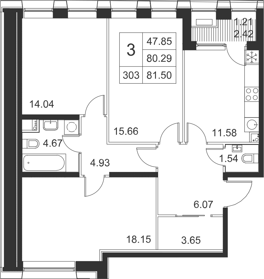 3-комнатная, 82 м² — ЖК ЖК Golden City (Голден сити)