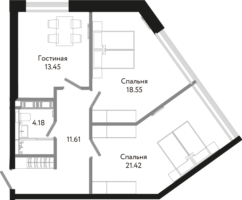 2-комнатная, 69 м² — ЖК Апарт-отель Next (Некст)