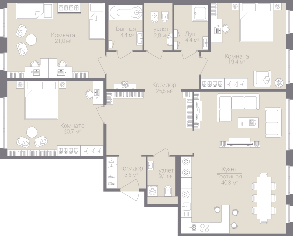 3-комнатная, 146 м² — ЖК Дом на улице Нижне-Каменская