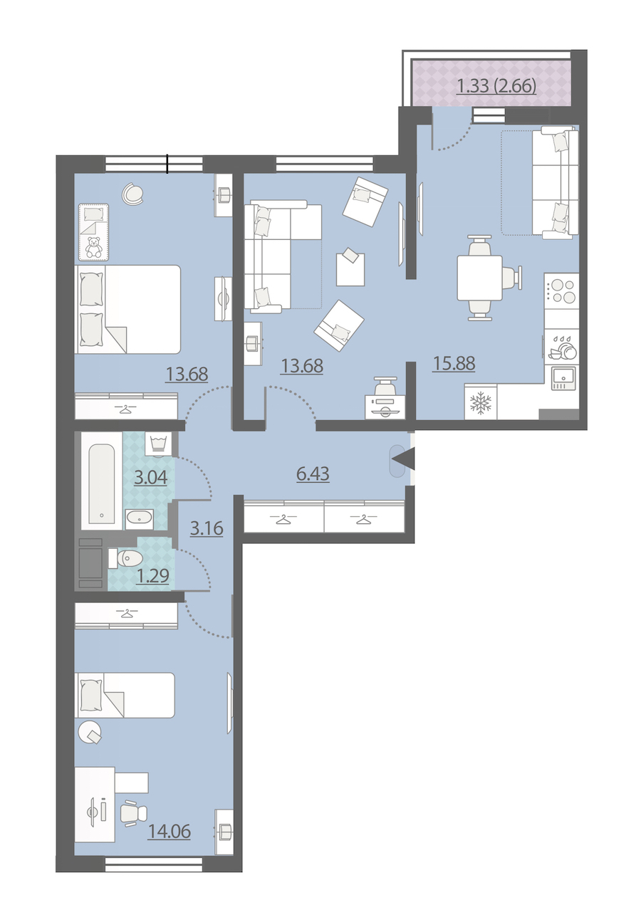 3-комнатная, 73 м² — ЖК ЖК Ручьи