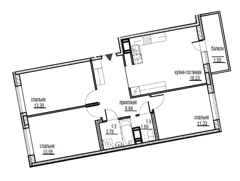 3-комнатная, 73 м² — ЖК ЖК ID Мурино (Айди Мурино)