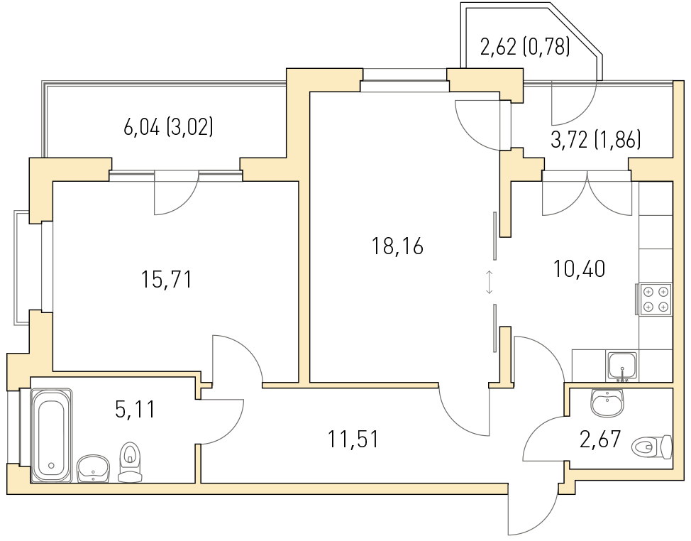 2-комнатная, 69 м² — ЖК ЖК Горки Парк