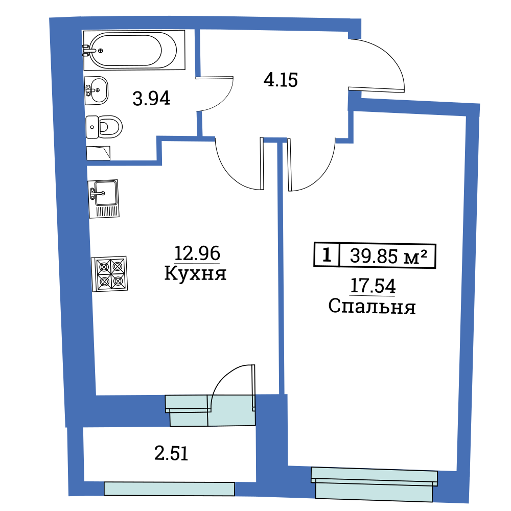 1-комнатная, 40 м² — ЖК ЖК «Авиатор (Aviator)»