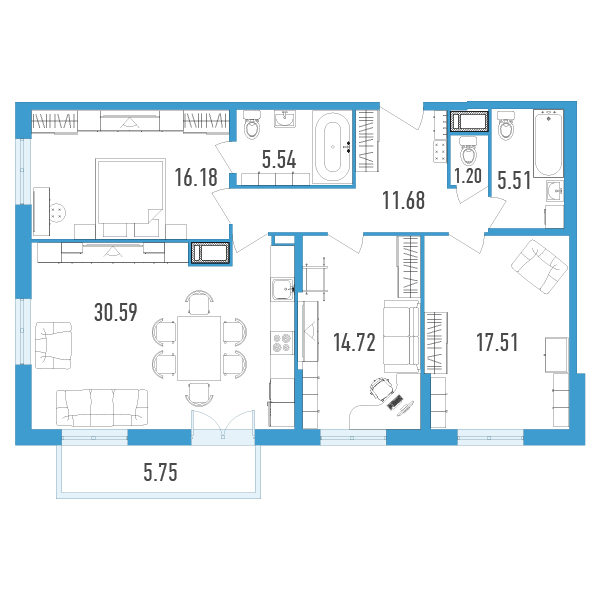 3-комнатная, 105 м² — ЖК ЖК Нахимов
