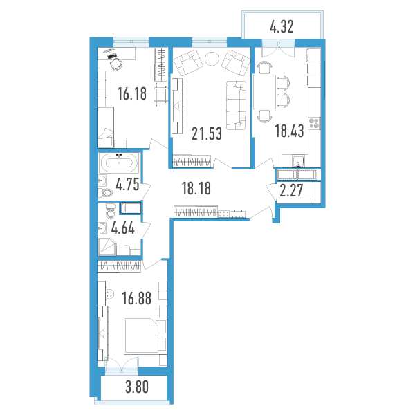 3-комнатная, 106 м² — ЖК ЖК Нахимов