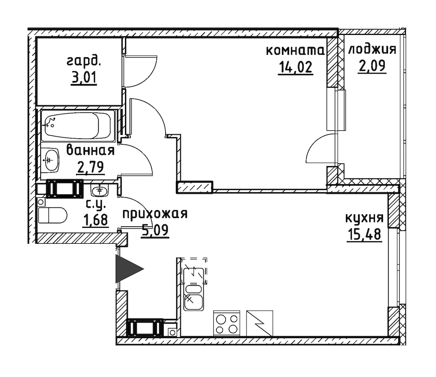 1-комнатная, 44 м² — ЖК ЖК Айди Кудрово (ID Kudrovo)