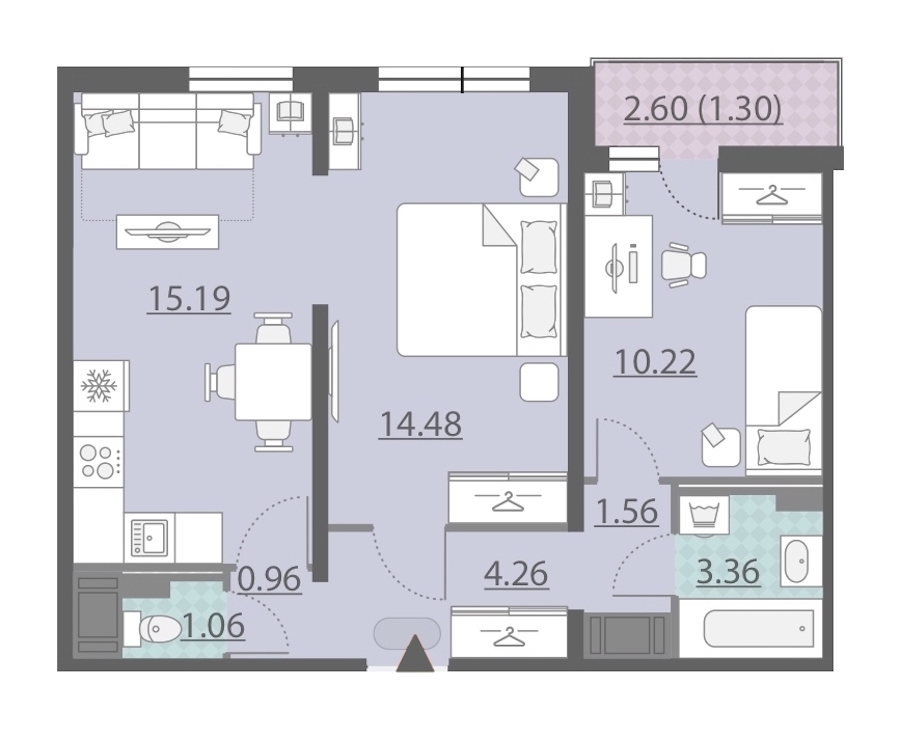 2-комнатная, 52 м² — ЖК ЖК Ручьи