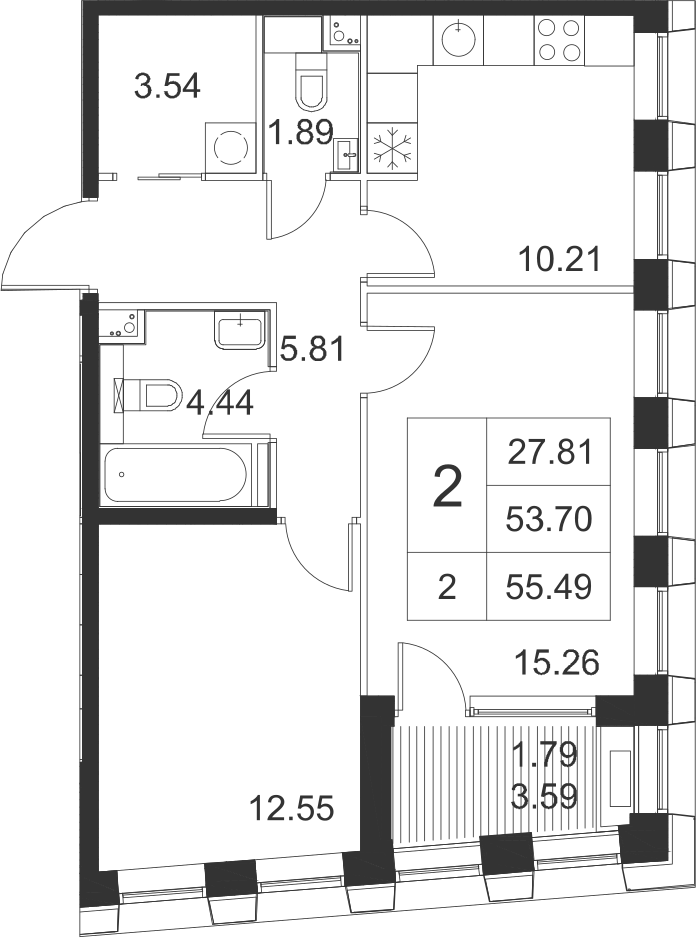 2-комнатная, 55 м² — ЖК ЖК Golden City (Голден сити)
