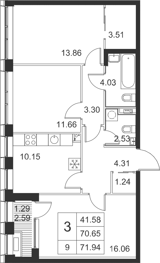 3-комнатная, 72 м² — ЖК ЖК Golden City (Голден сити)