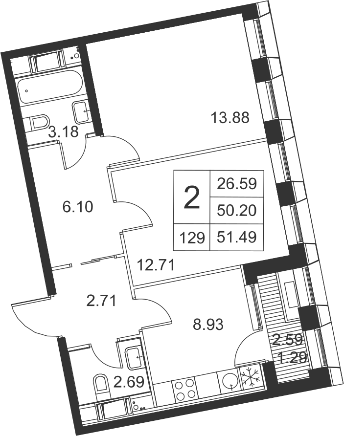 2-комнатная, 51 м² — ЖК ЖК Golden City (Голден сити)