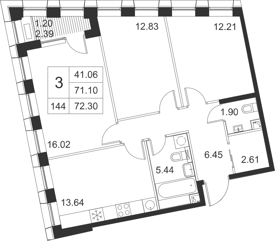 3-комнатная, 72 м² — ЖК ЖК Golden City (Голден сити)